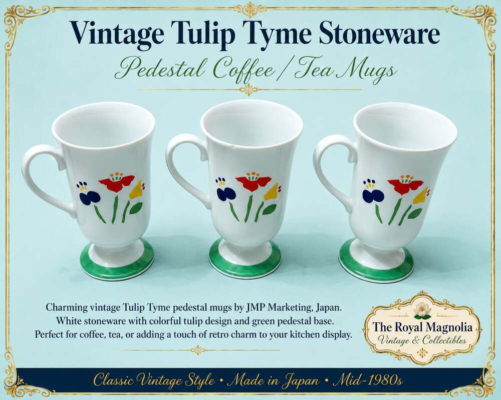 Vintage Tulip Tyme Stoneware Pedestal Coffee/Tea Mugs